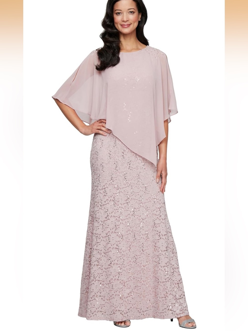 S.L. Fashions Long Length Sequin Lace Beaded Capelet Dress. 2031/DC-11